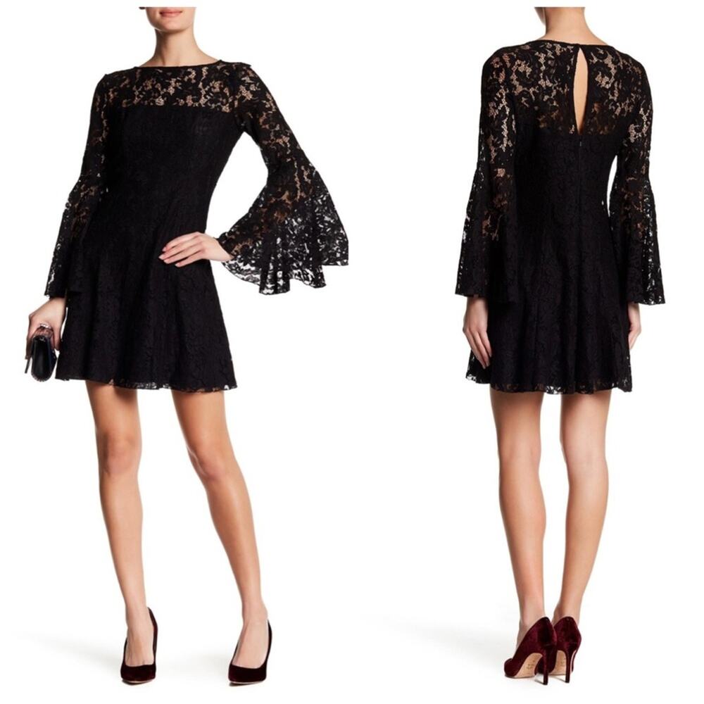 Jay Godfrey Black Mainden Lace Bell Plain Cocktail Sleeve Dress SZ 6 NEW
